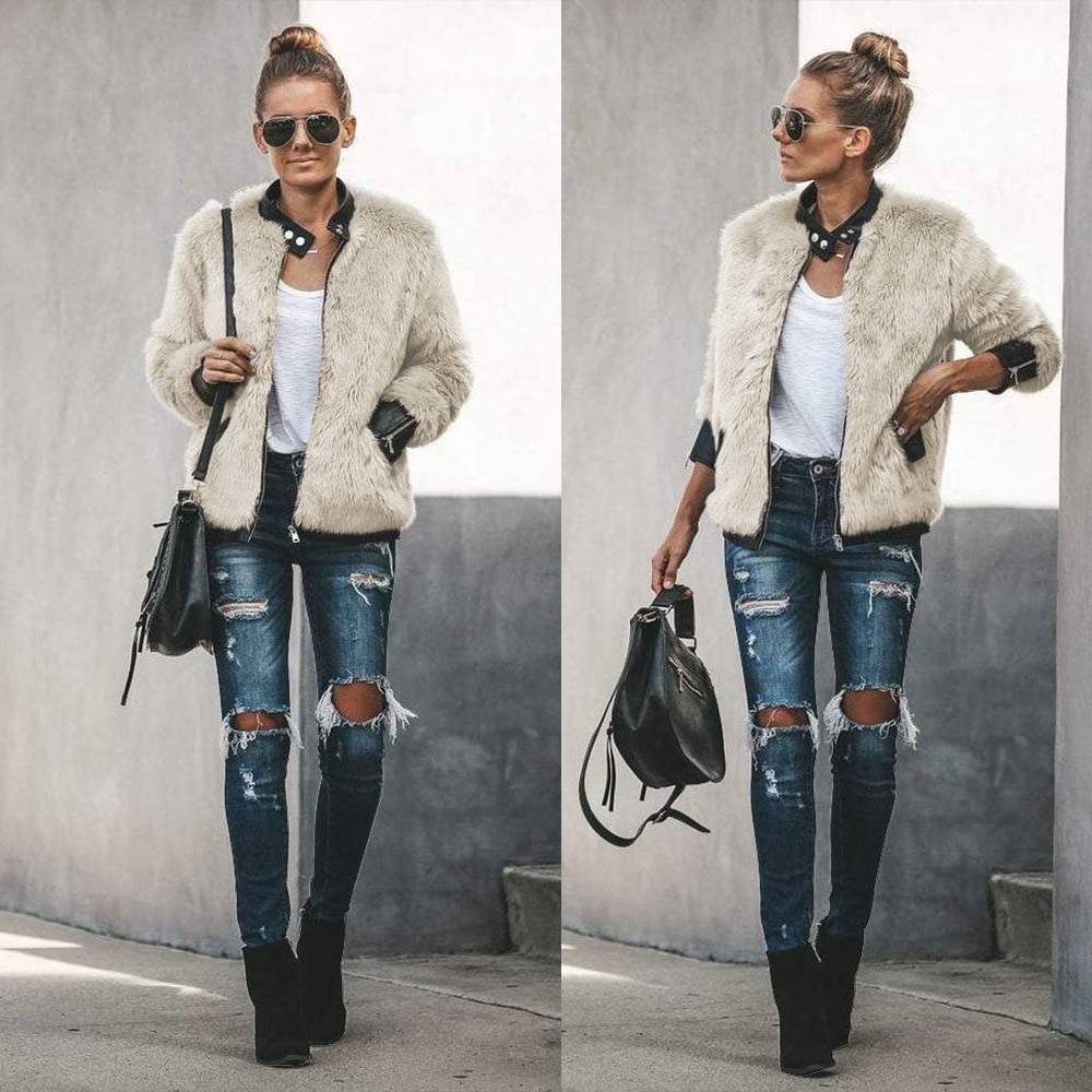 Mixed fur warm zipper coat jacket