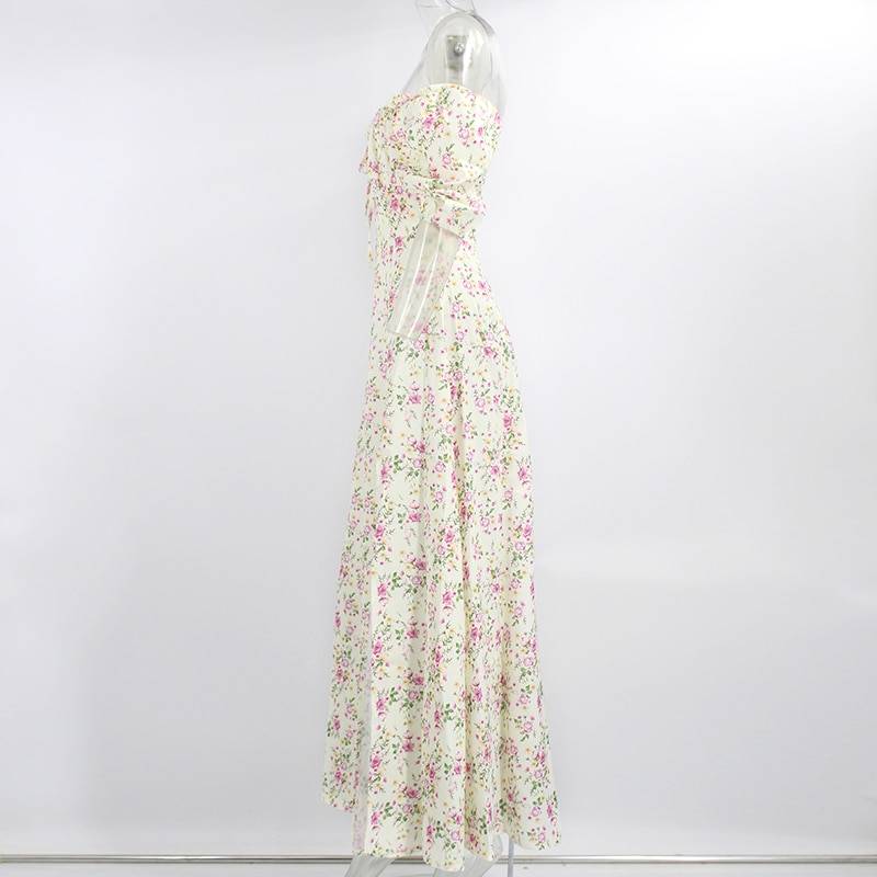 Short puff sleeve floral print ruched high split long dress