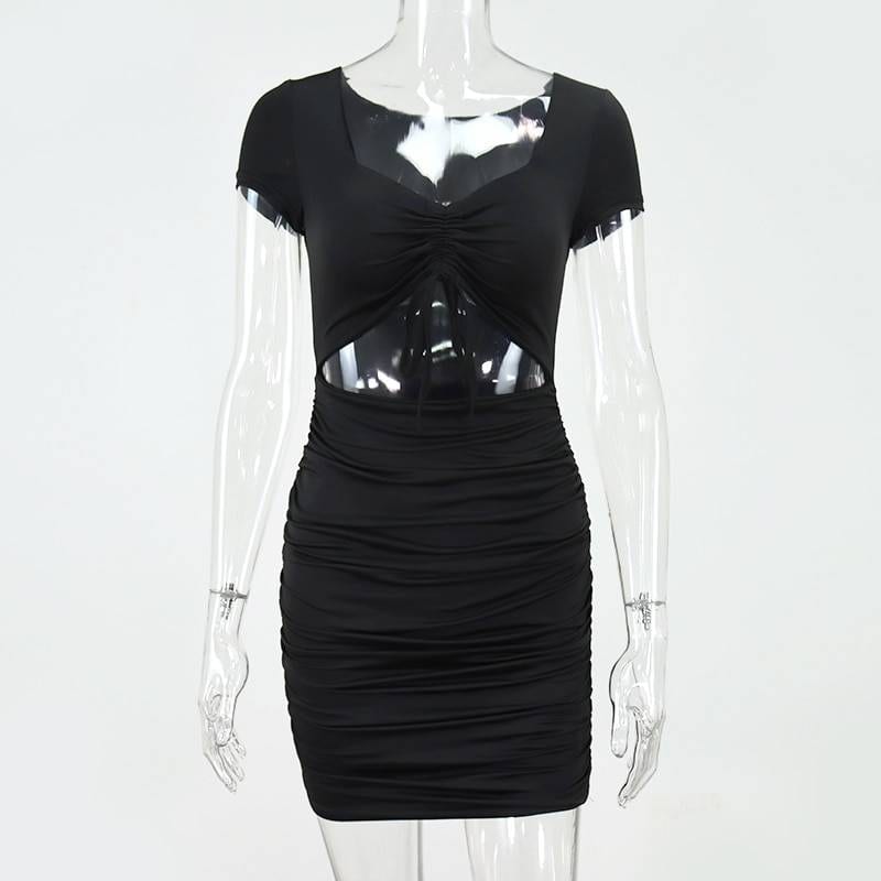 Black hollow out v-neck drawstring pleat short sleeve bodycon ruched dress