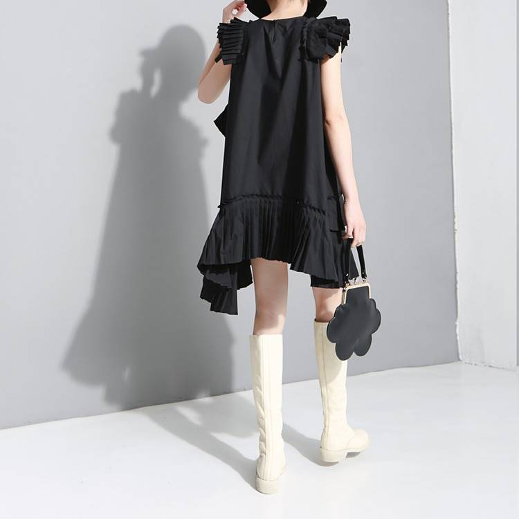 Black Sleeveless Pleated Ruffles Midi Loose Dress in Dresses