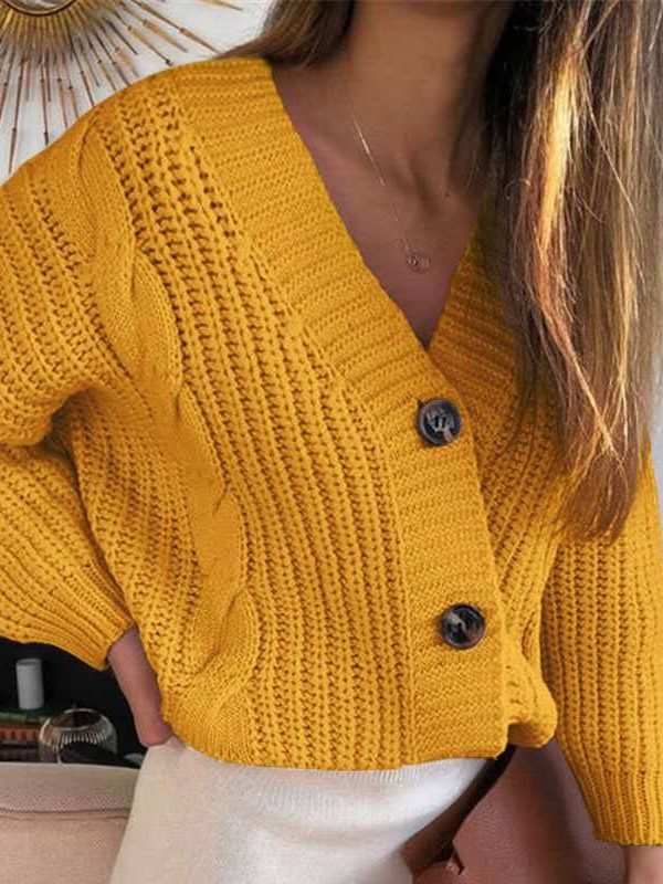 V neck long sleeve short knitted cardigan sweater