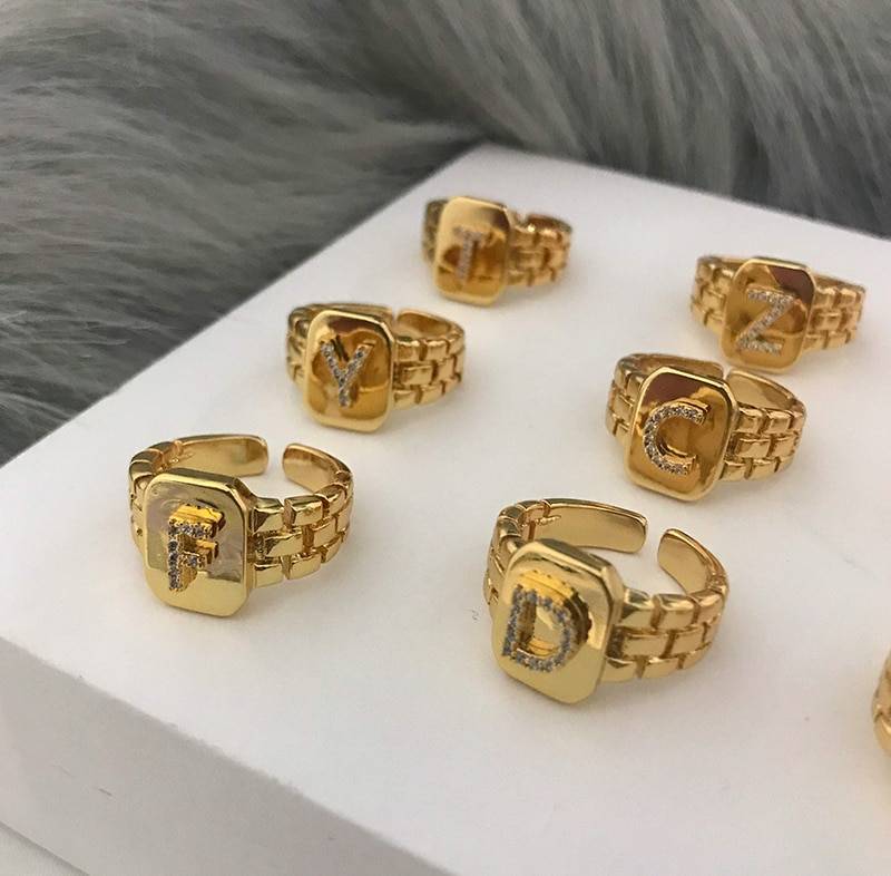 Gold zircon a-z letter women ring