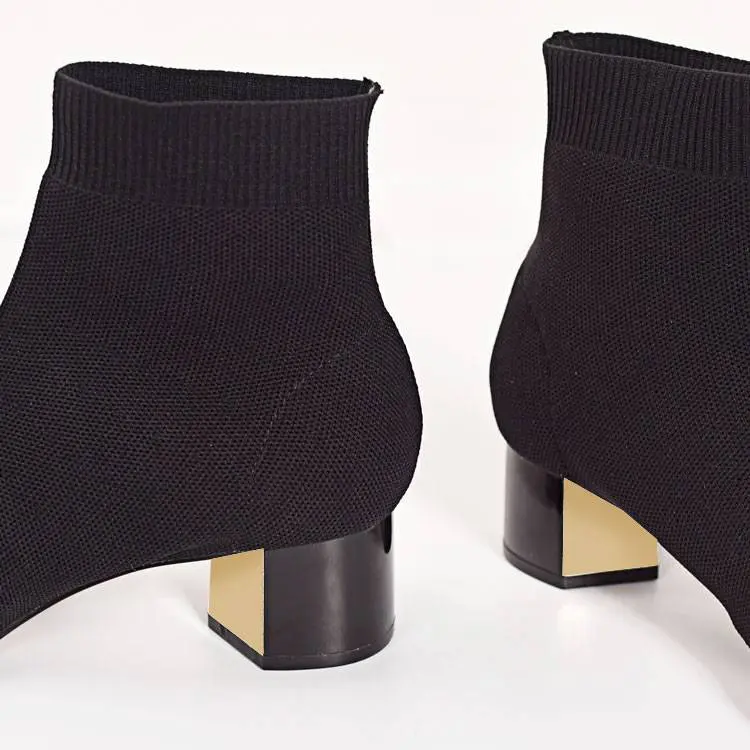 Knitted elastic socks medium heeled short point toe ankle boots