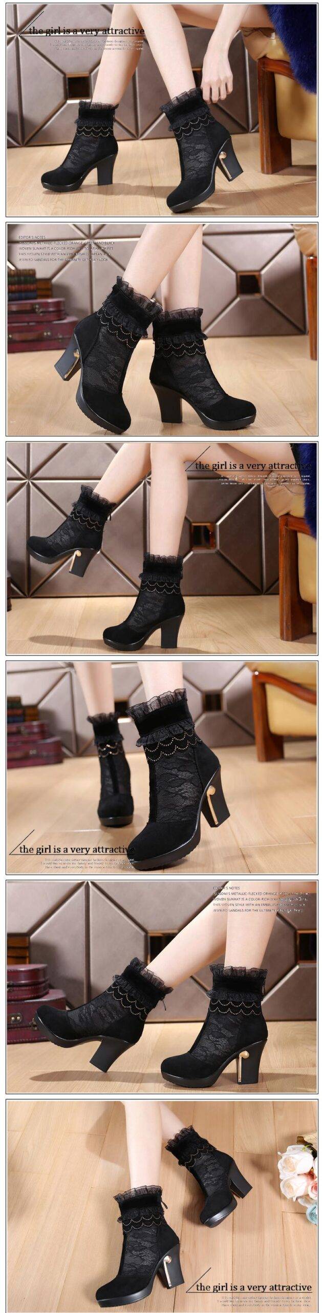 Genuine Leather High-Heeled Lace Ankle Boots in Women's Boots