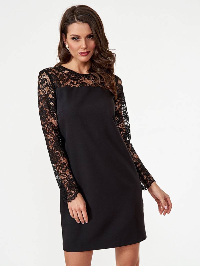 Lace stitching straight hollow out long sleeve o neck mini dress