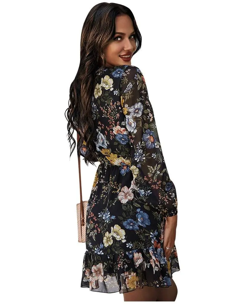Full sleeve lace up high waist floral chiffon dress