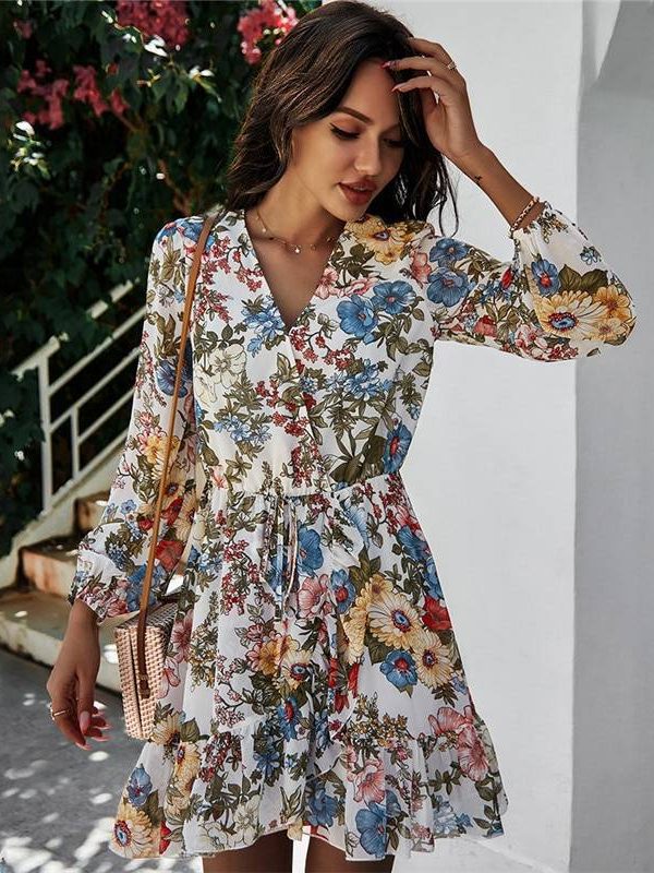Full Sleeve Lace Up High Waist Floral Chiffon Dress in Dresses