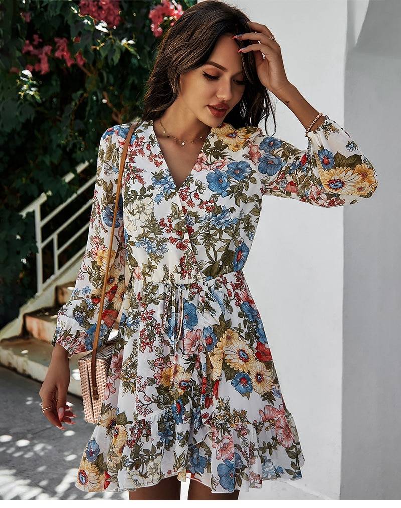 Full Sleeve Lace Up High Waist Floral Chiffon Dress in Dresses