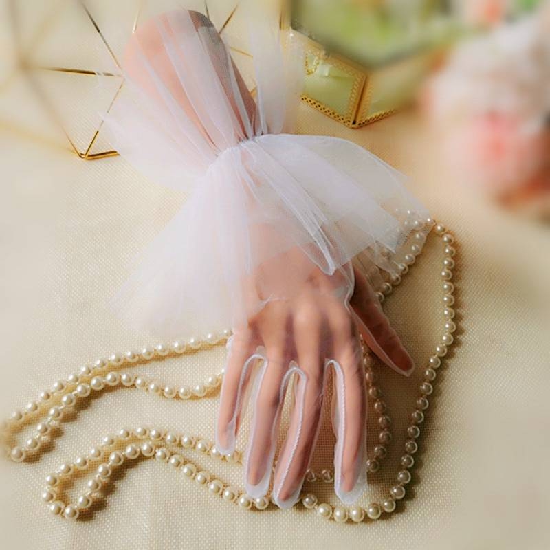 White Black Tulle Dot Transparent Mitten Wrist Length Bridal Gloves in Wedding Accessories