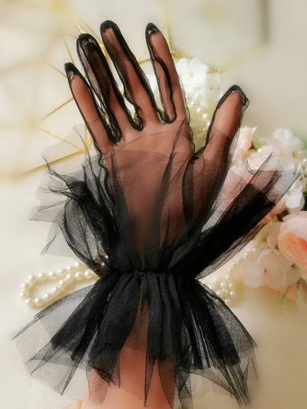White black tulle dot transparent mitten wrist length bridal gloves