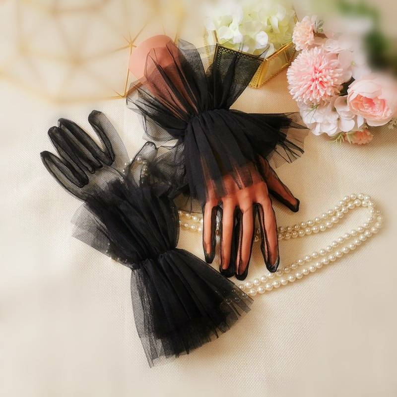 White Black Tulle Dot Transparent Mitten Wrist Length Bridal Gloves in Wedding Accessories