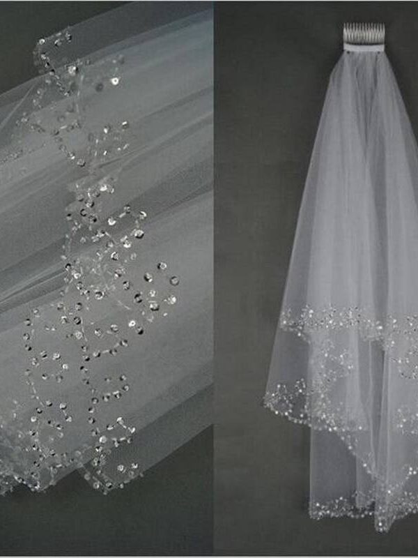 White Ivory 2 Layers 75 CM Sequins Beaded Edge With Comb Wedding Veil in Wedding Veils