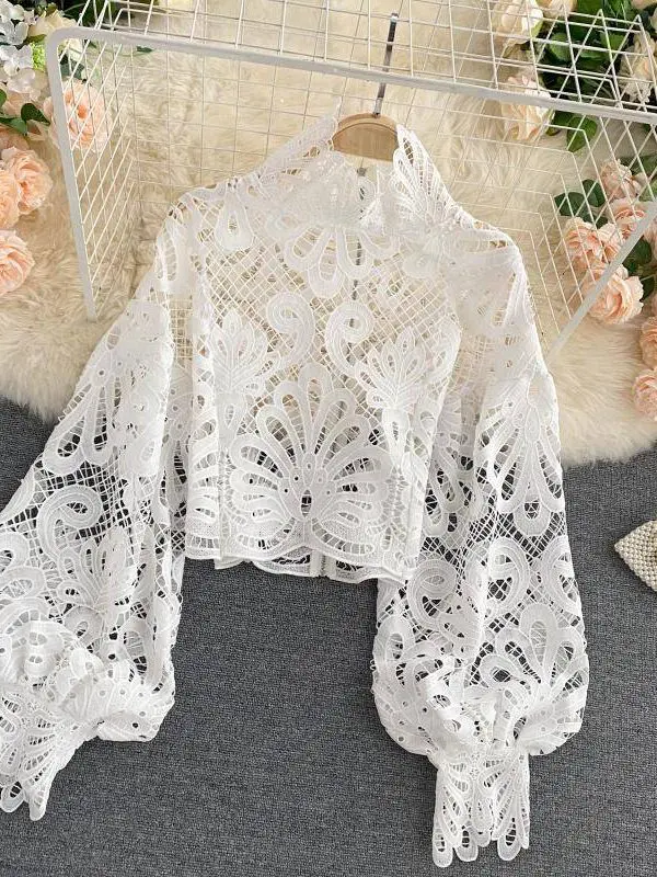 Elegant red lace hollow out lantern long sleeve stand collar loose blouse top