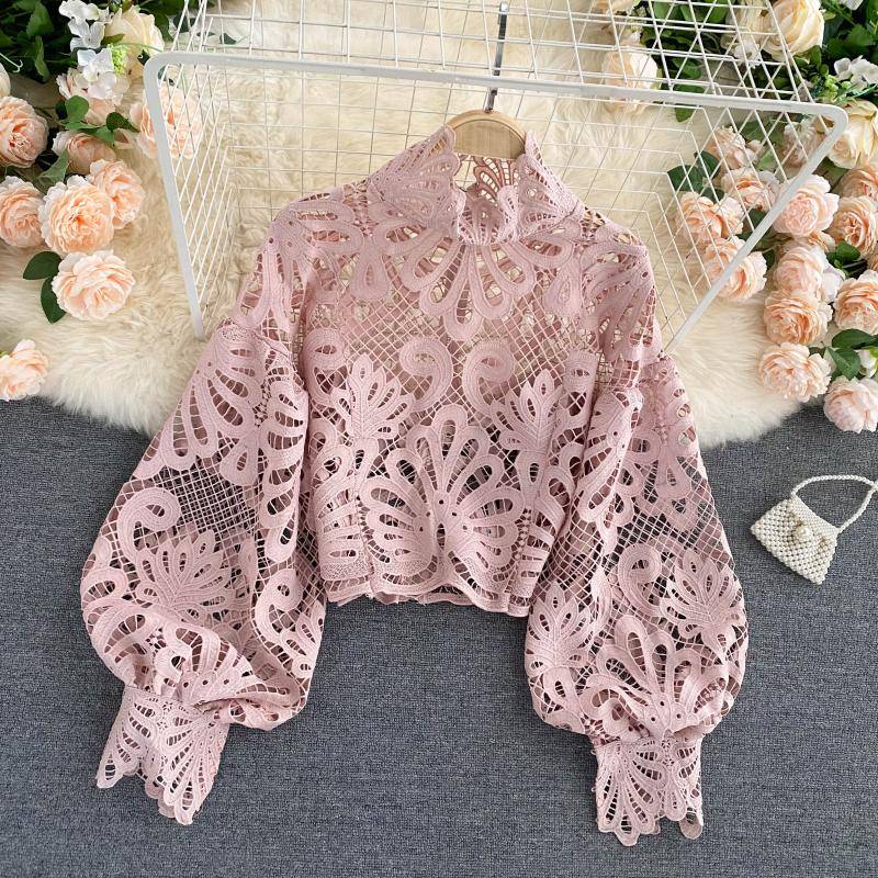 Elegant Red Lace Hollow Out Lantern Long Sleeve Stand Collar Loose Blouse Top in Blouses & Shirts