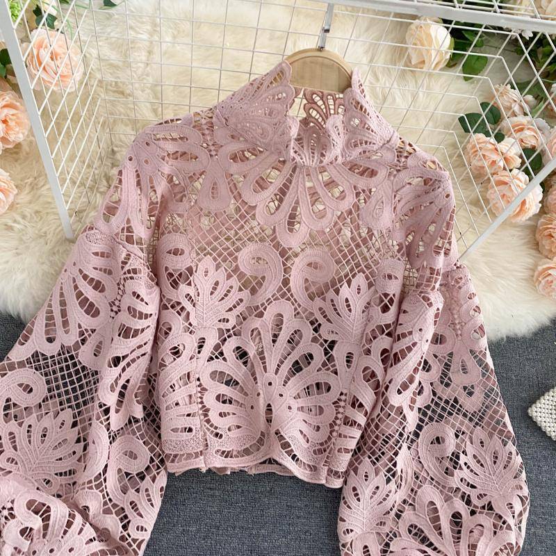Elegant Red Lace Hollow Out Lantern Long Sleeve Stand Collar Loose Blouse Top in Blouses & Shirts