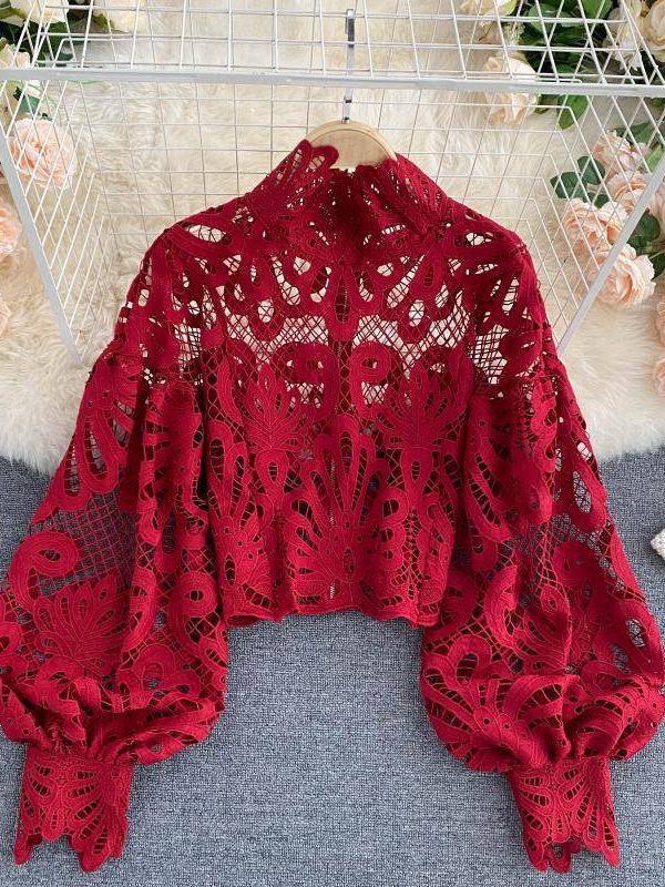 Elegant red lace hollow out lantern long sleeve stand collar loose blouse top