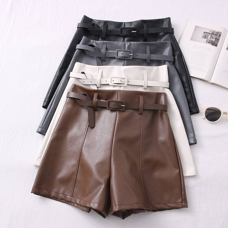 PU Leather Sashes Wide Leg Shorts in Shorts