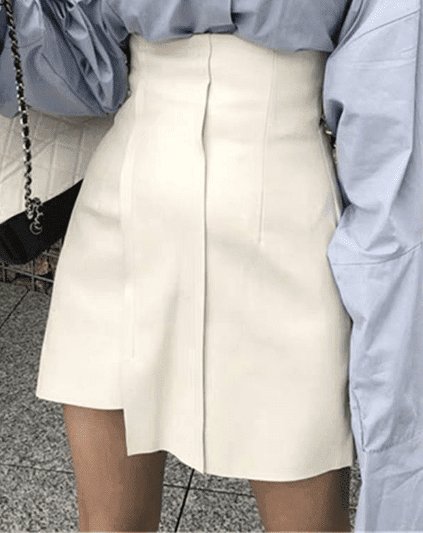 PU Leather Black White High Waist Short Asymmetric Skirt in Skirts