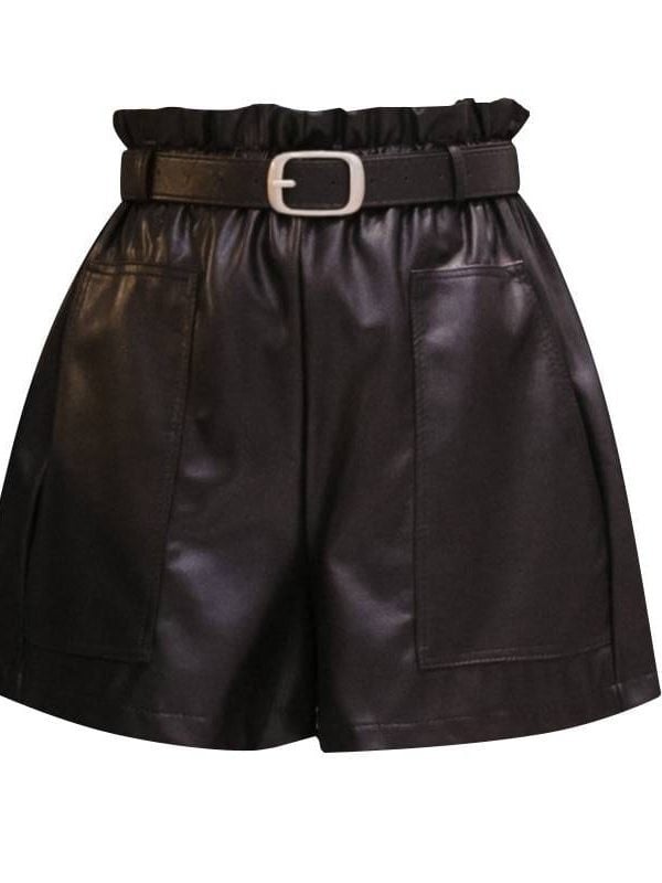 Elegant leather high waist a-line bottoms wide-legged shorts