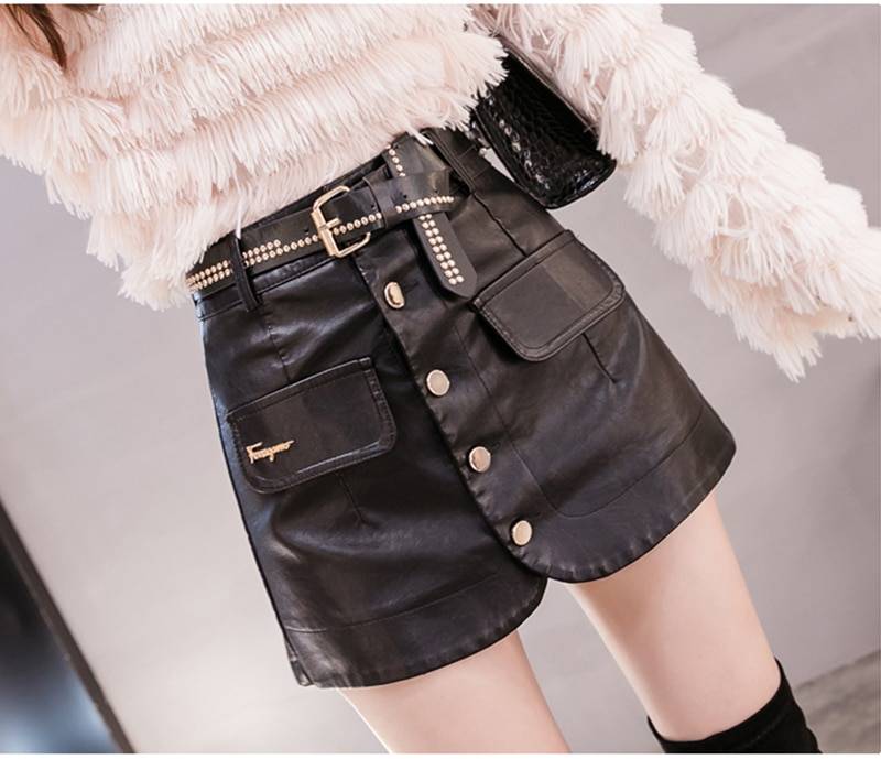 Belt PU Leather High Waist Beading Skirt Shorts in Shorts