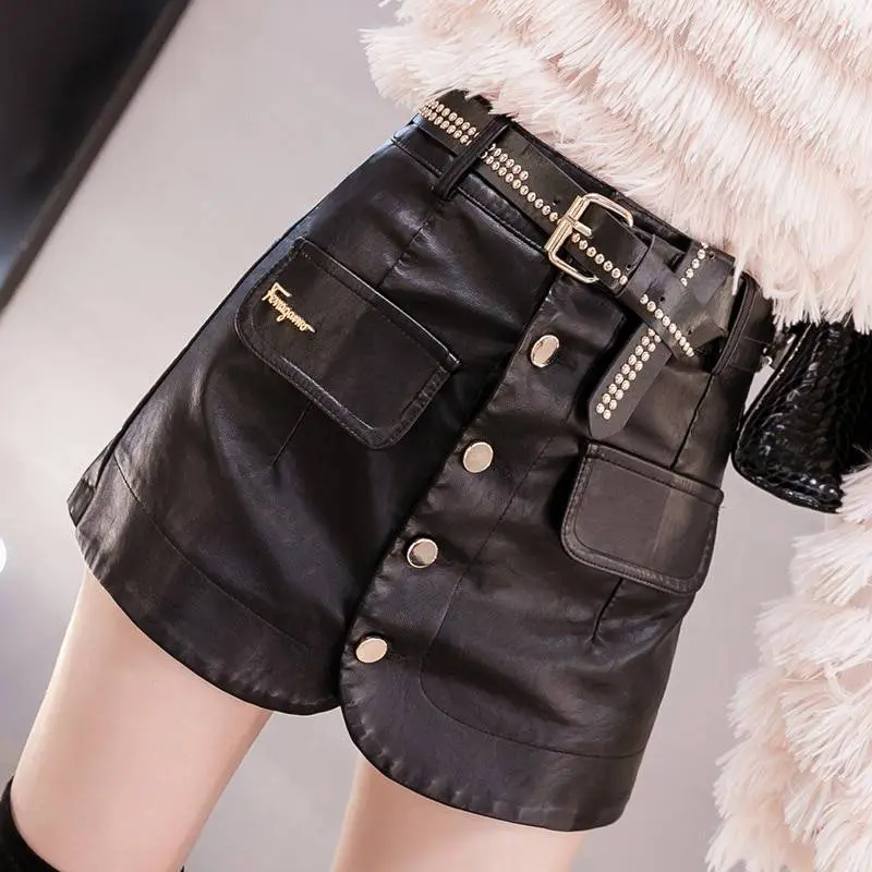 Belt pu leather high waist beading skirt shorts
