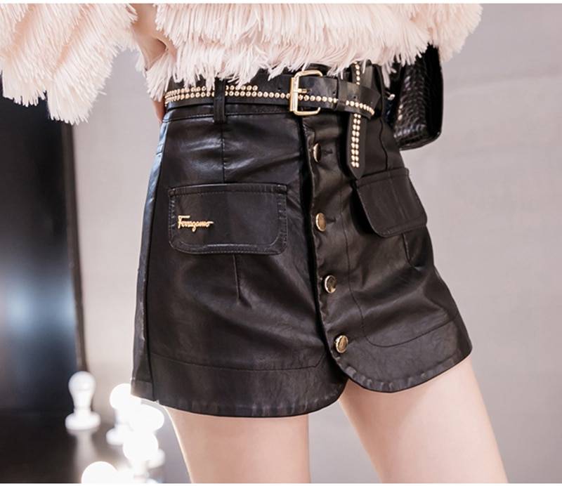 Belt PU Leather High Waist Beading Skirt Shorts in Shorts