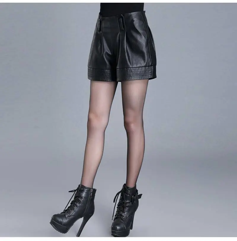 Black wide leg pu leather high waist shorts