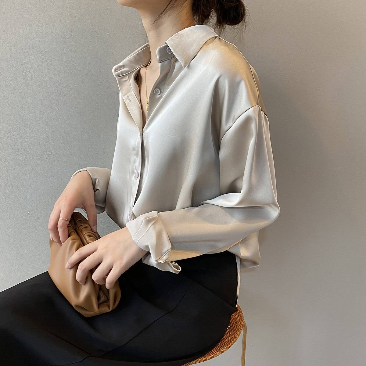 Button Up Satin Long Sleeves Loose Vintage Blouse Shirt | Uniqistic.com