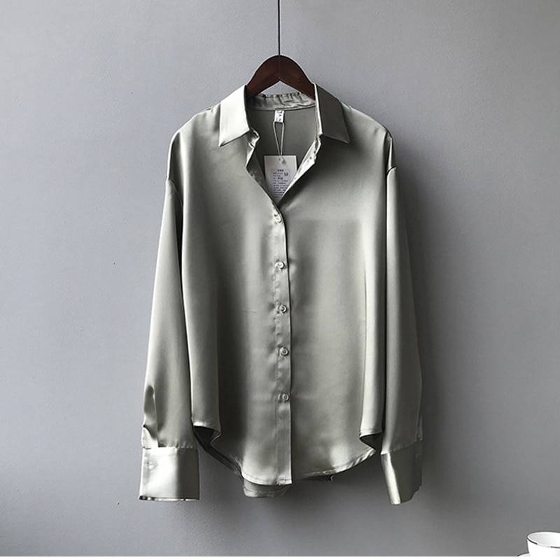 Button up satin long sleeves loose vintage blouse shirt