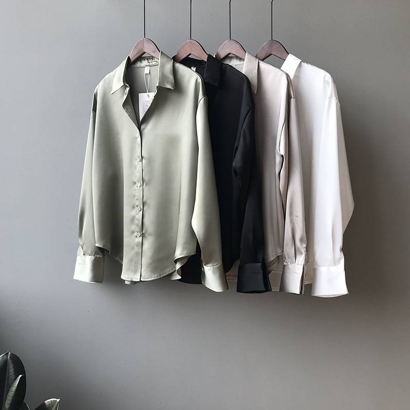 Button up satin long sleeves loose vintage blouse shirt