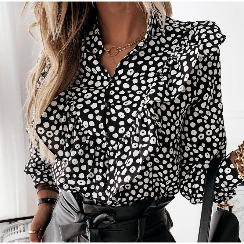 Ruffled polka dot print single breasted long sleeve elegant office blouse