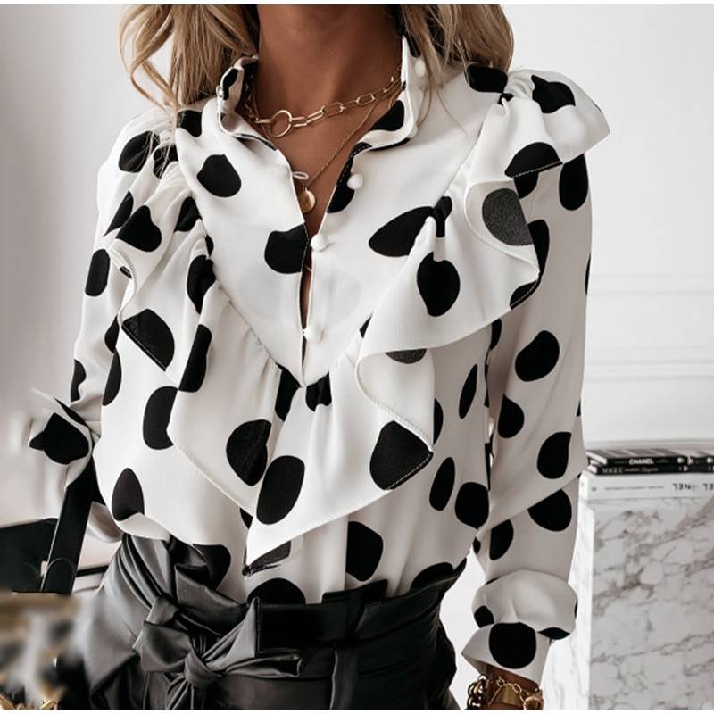 Ruffled Polka Dot Print Single Breasted Long Sleeve Elegant Office ...