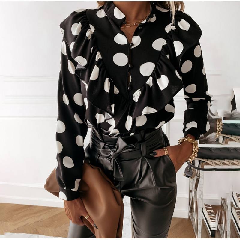 Ruffled polka dot print single breasted long sleeve elegant office blouse