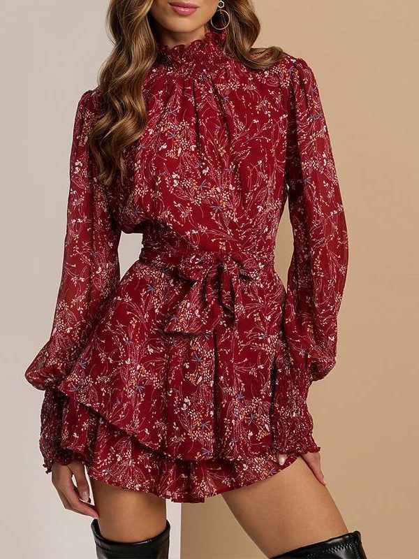 Floral Print Long Sleeve Chiffon A Line Dress in Dresses