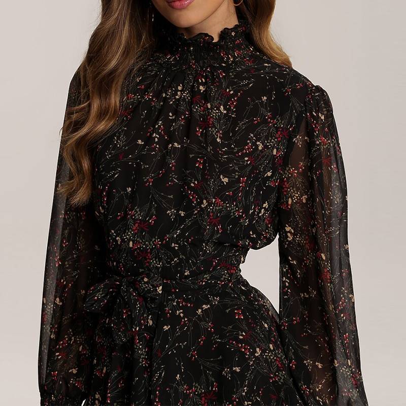 Floral Print Long Sleeve Chiffon A Line Dress in Dresses