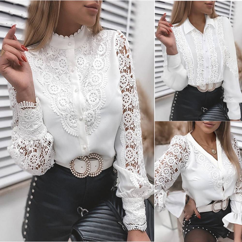 Lace Patchwork Hollow Out Long Sleeve Crew Neck Button Mesh White ...