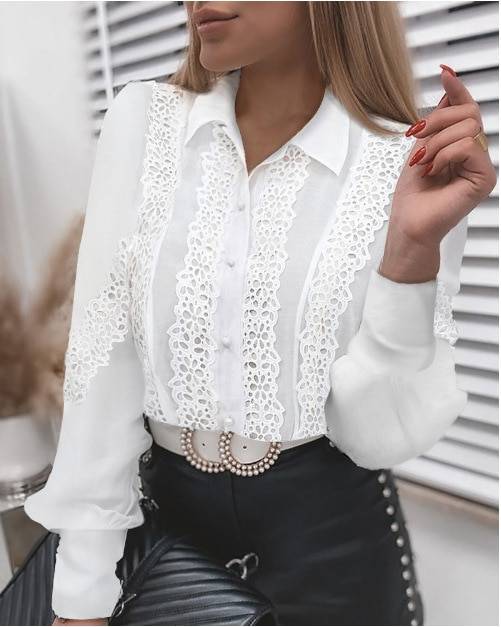 Lace Patchwork Hollow Out Long Sleeve Crew Neck Button Mesh White ...