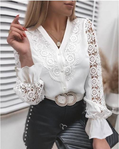 Lace patchwork hollow out long sleeve crew neck button mesh white vintage shirt