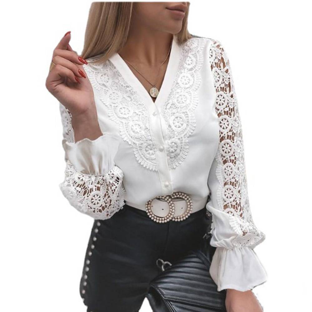 Lace patchwork hollow out long sleeve crew neck button mesh white vintage shirt