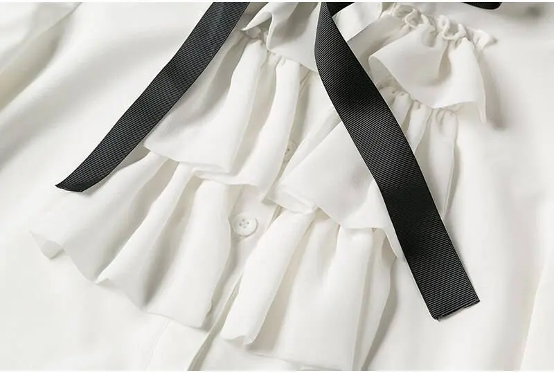 White ruffle bow neck long sleeve chiffon office blouse shirt