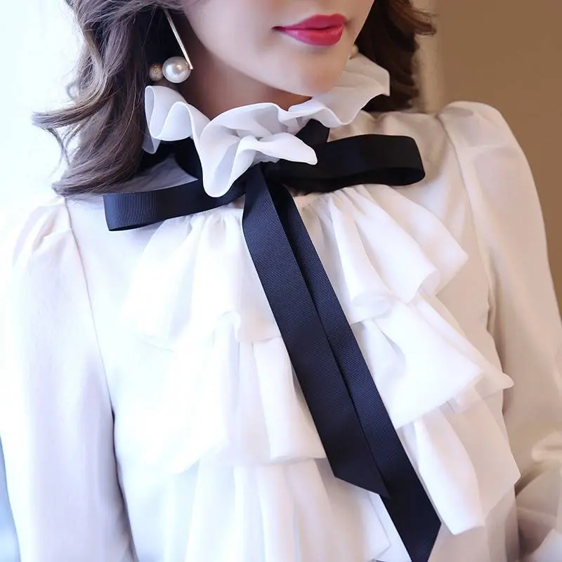 White ruffle bow neck long sleeve chiffon office blouse shirt