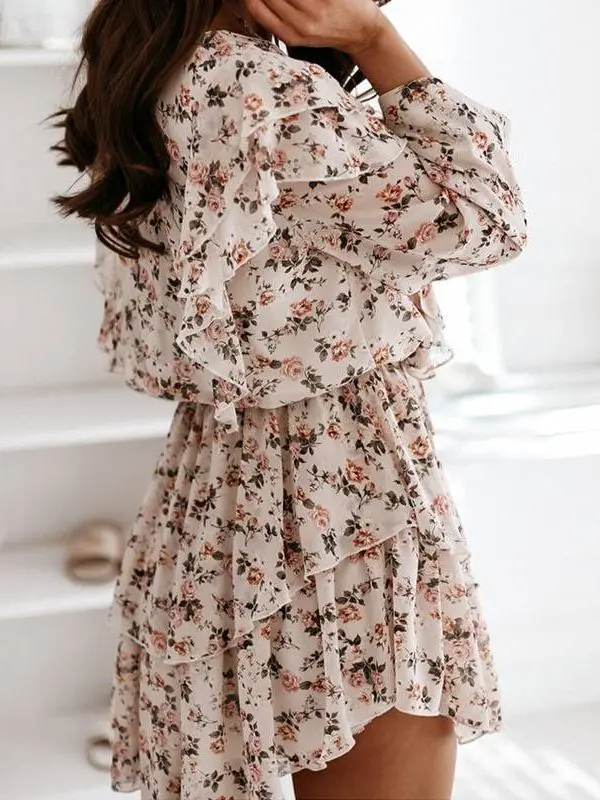 Elegant boho cascading ruffle long sleeve a line floral print dress