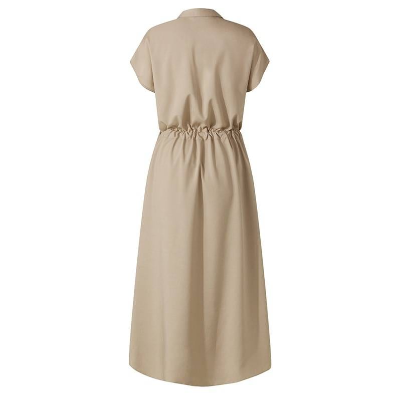 Elegant Short Sleeve Loose Buttons High Waist Work Midi Dress in Dresses