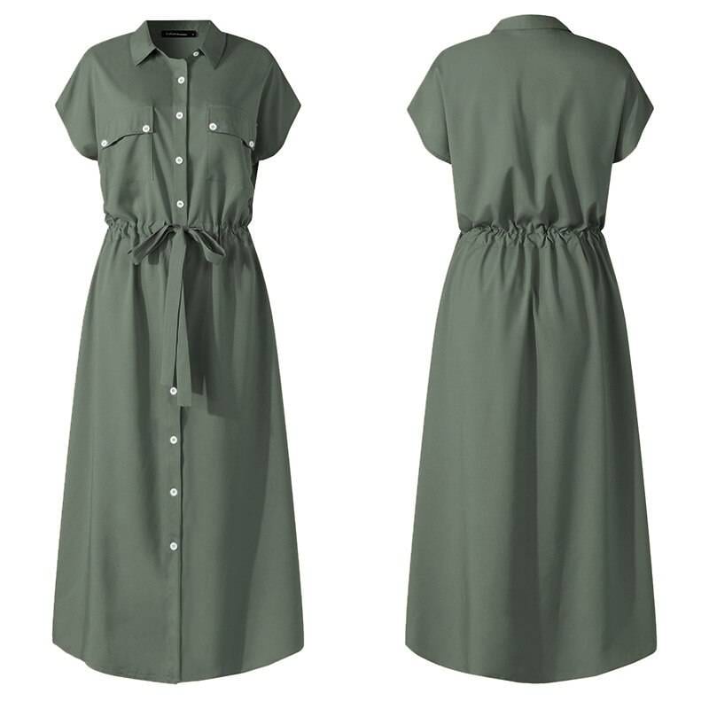 Elegant Short Sleeve Loose Buttons High Waist Work Midi Dress in Dresses