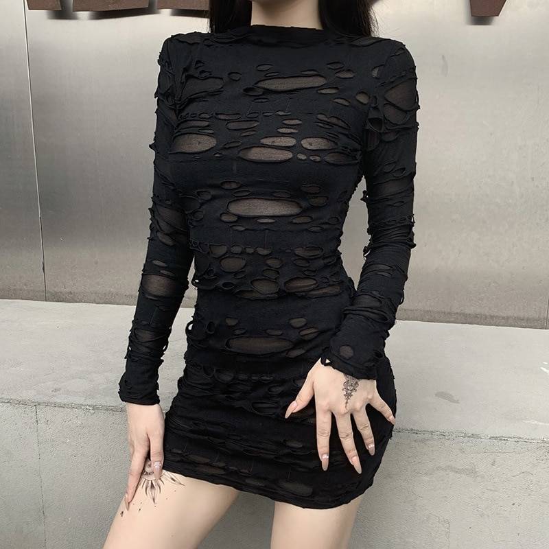 Gothic rock punk hollow high waist long sleeve bodycon black mini dress