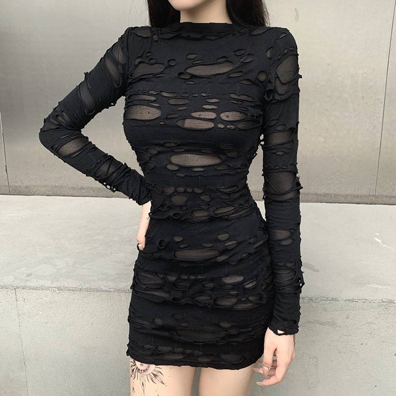 Gothic rock punk hollow high waist long sleeve bodycon black mini dress