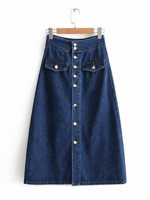 Vintage Single Breated Button Denim High Waist Midi Skirt | Uniqistic.com