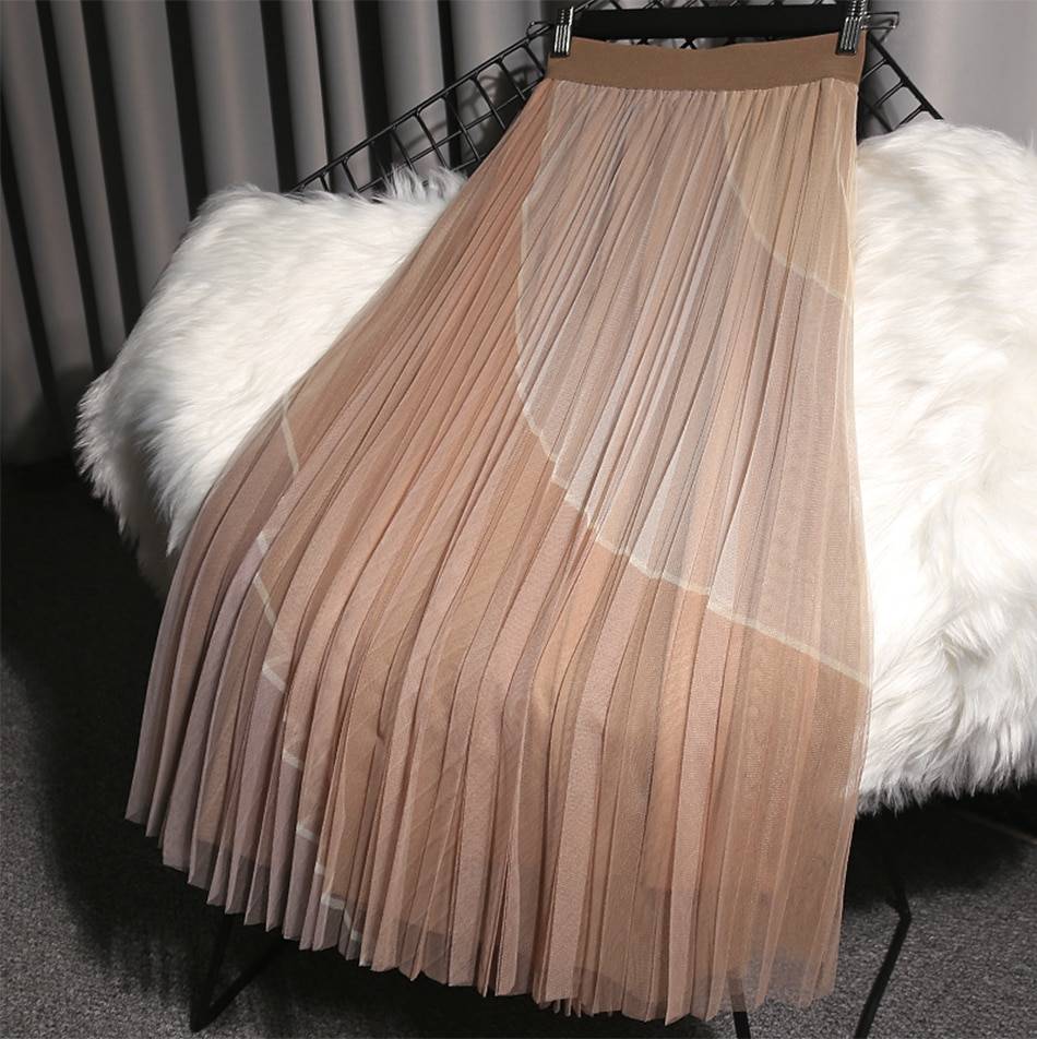 3 layers elegant patchwork mesh high waist midi long tulle pleated skirt