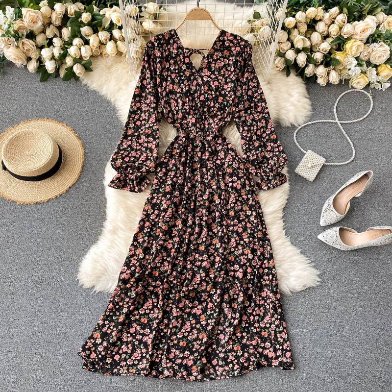 Floral Chiffon Long Sleeve V-Neck Vintage Dress in Dresses