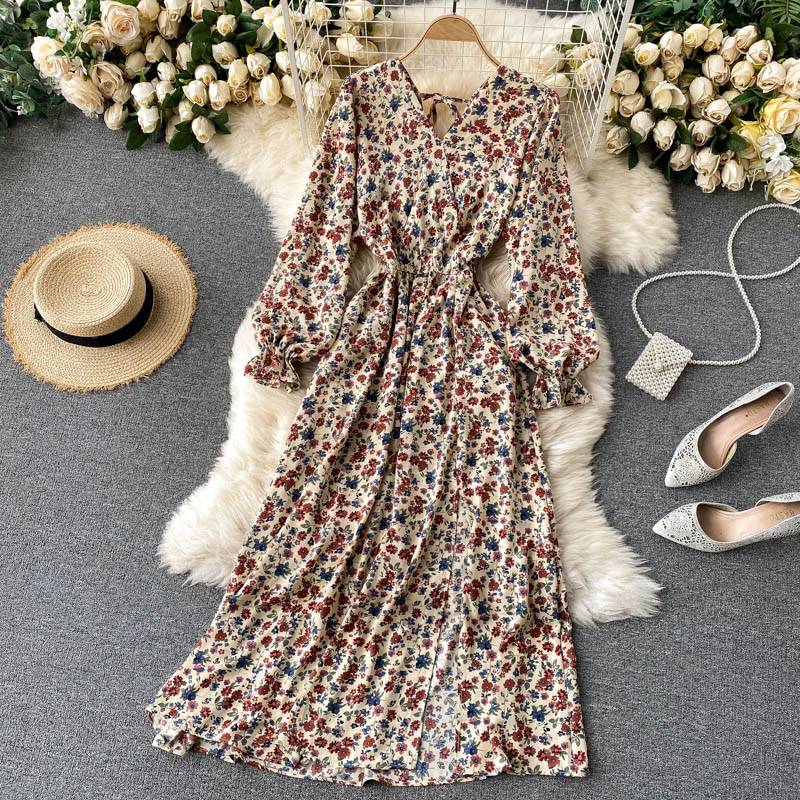 Floral chiffon long sleeve v-neck vintage dress